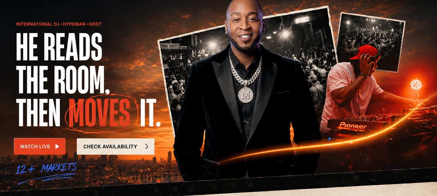 DJ Mohtorious in a black velvet blazer against an orange sunset city skyline, with live-show photo prints and a neon light trail